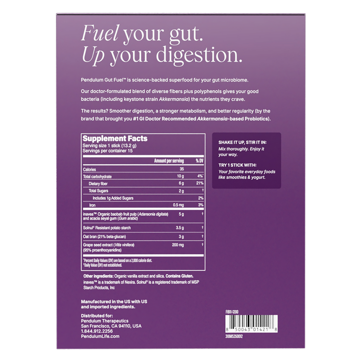The ingredients in Gut Fuel daily prebiotic and polyphenols by pendulum for daily gut health.