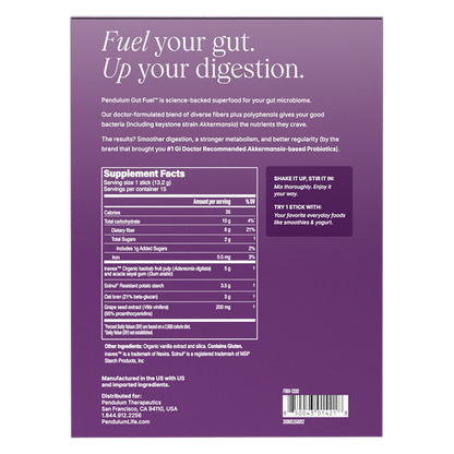 The ingredients in Gut Fuel daily prebiotic and polyphenols by pendulum for daily gut health.