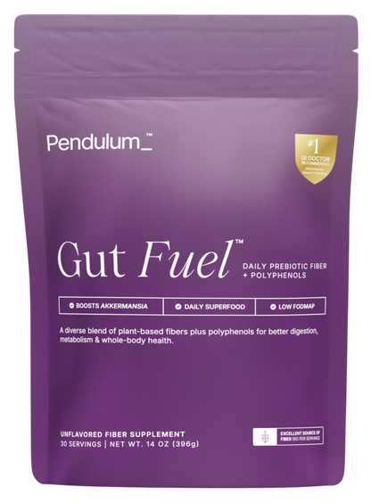 A bag of Gut Fuel daily prebiotic and polyphenols by pendulum for daily gut health.