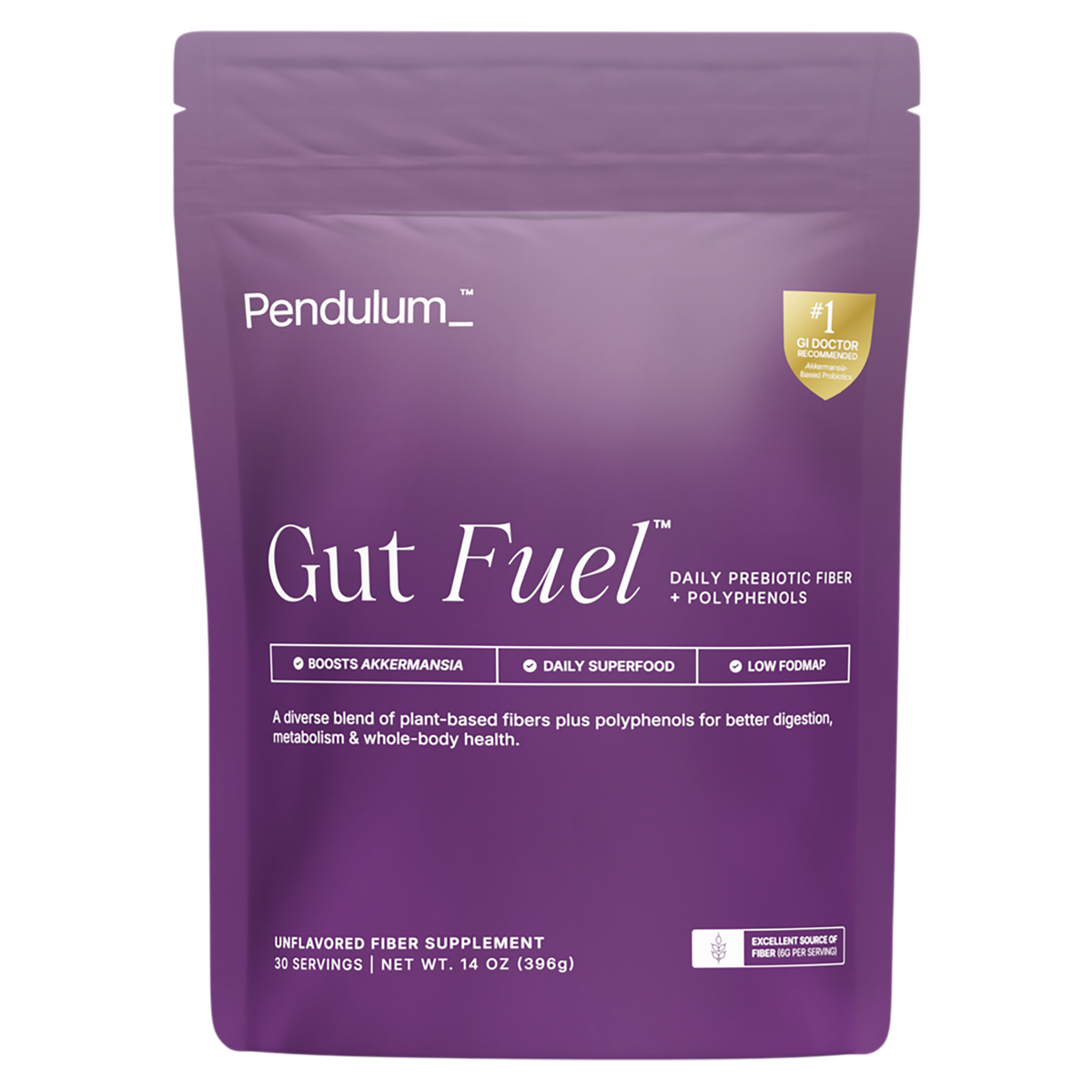 A bag of Gut Fuel daily prebiotic and polyphenols by pendulum for daily gut health.