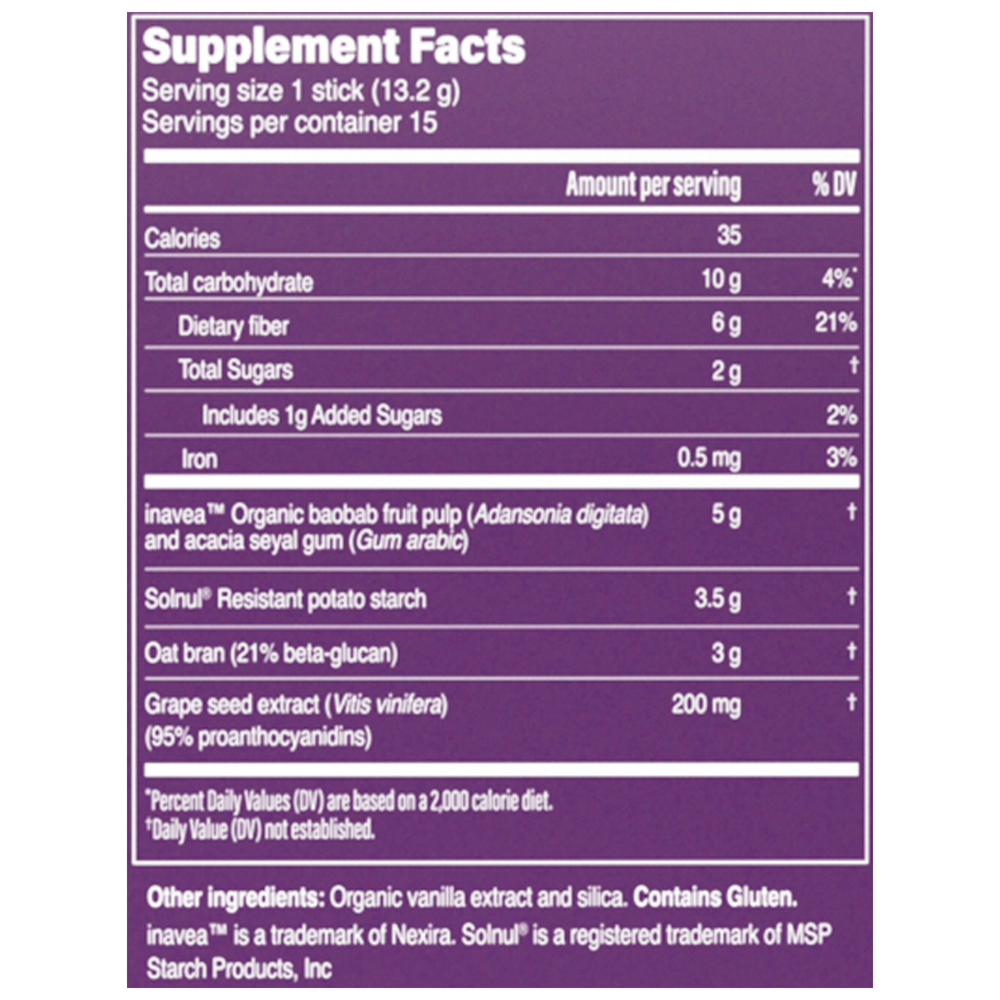 Ingredients in Gut Fuel daily probiotic fiber and polyphenols by Pendulum for travel supplements.