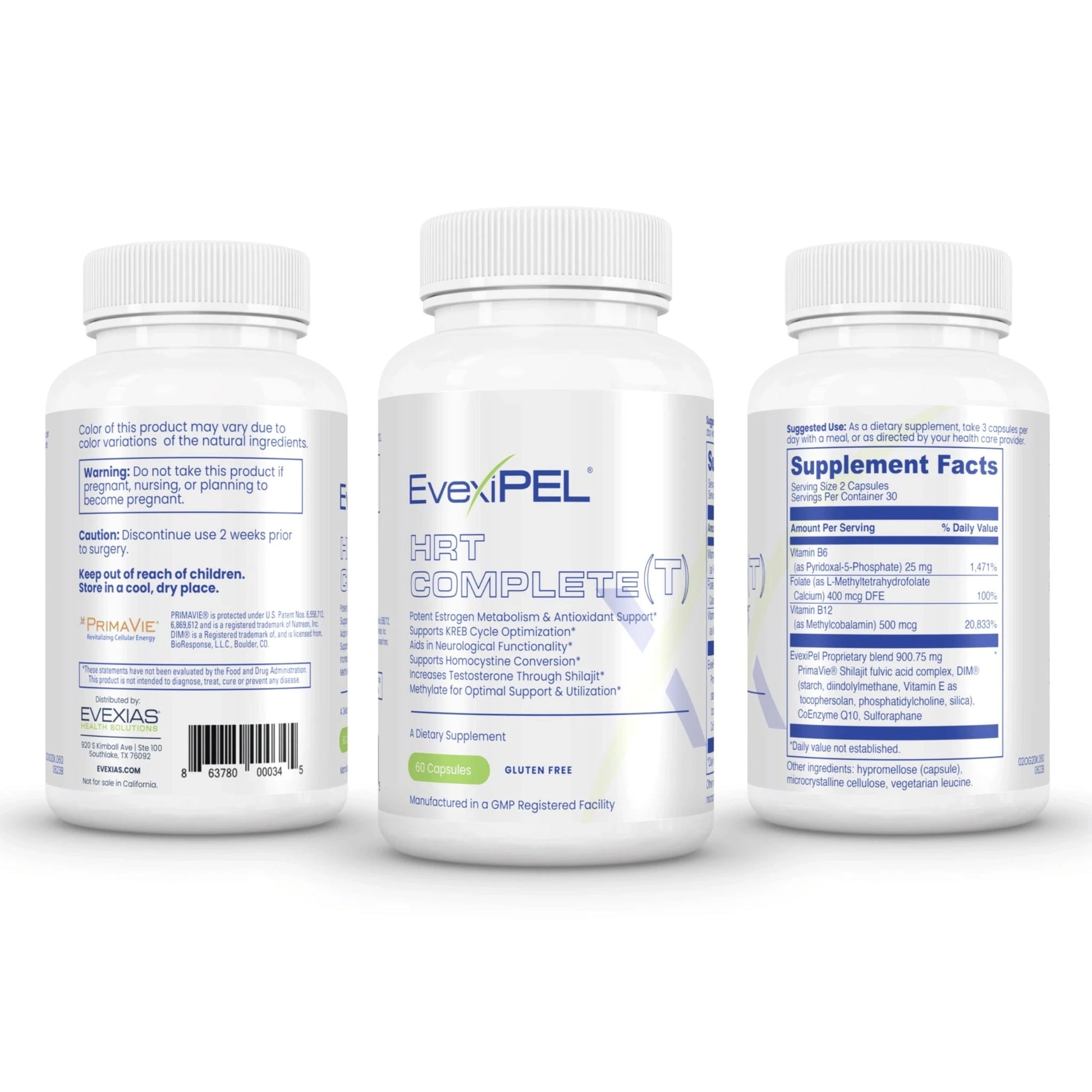 Three bottles of EvexiPel HRT Complete supplement on a white background.
