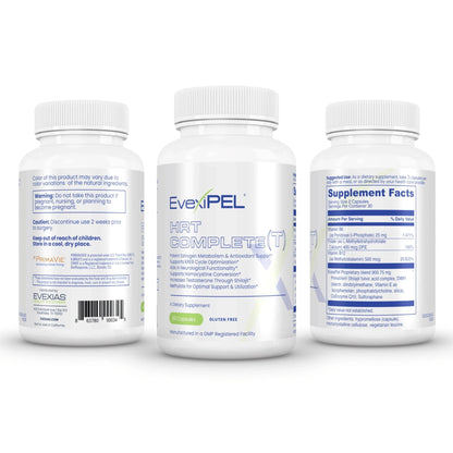 Three bottles of EvexiPel HRT Complete supplement on a white background.