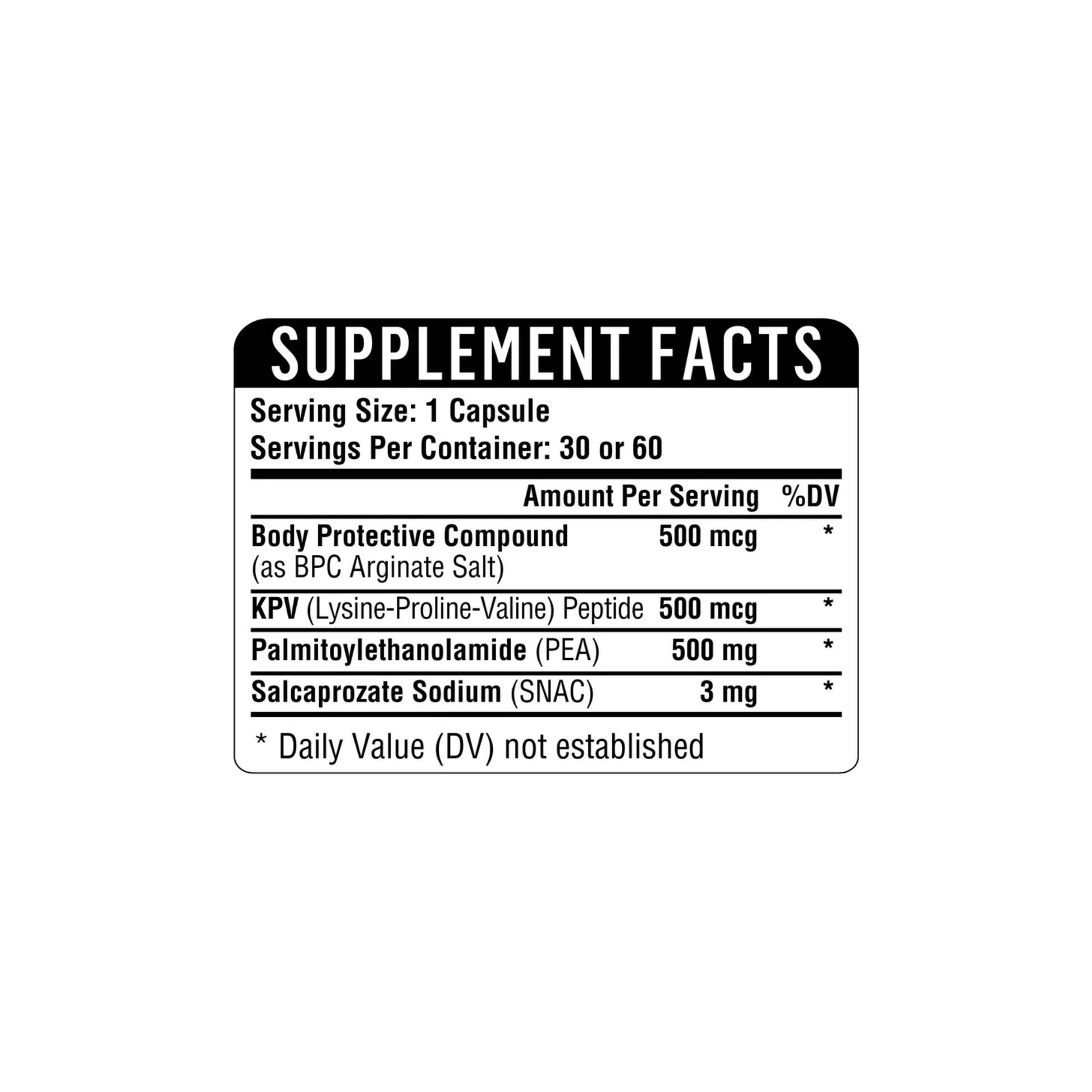 Supplement facts for BPC KPV PEA 500 by Healthgevity
