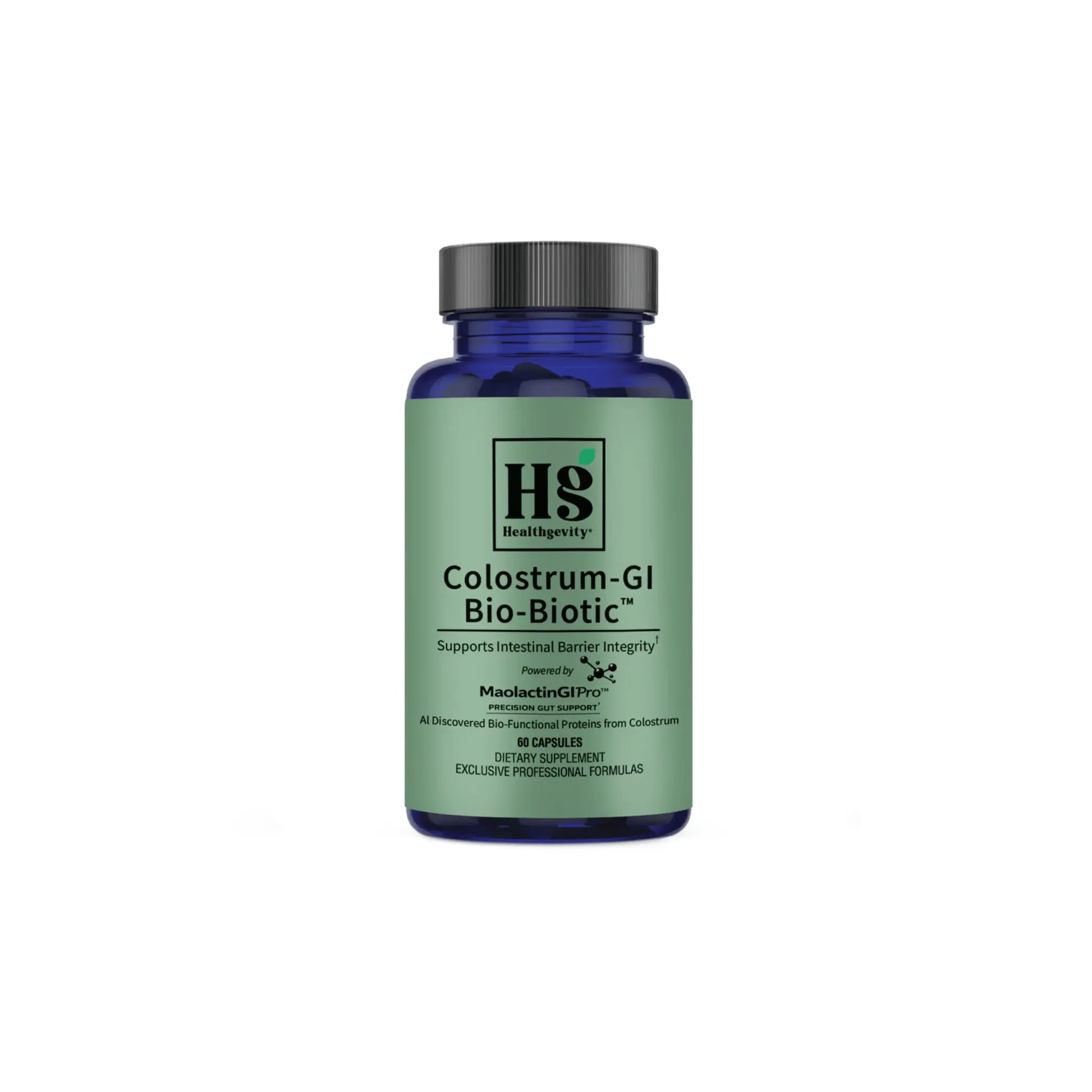 Front view of the Healthgevity Colostrum GI Bio Biotic bottle highlighting the premium formula for gastrointestinal and immune support