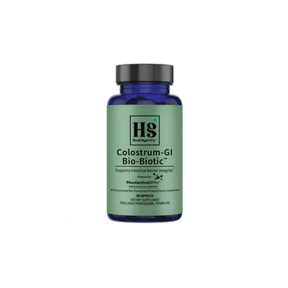 Front view of the Healthgevity Colostrum GI Bio Biotic bottle highlighting the premium formula for gastrointestinal and immune support