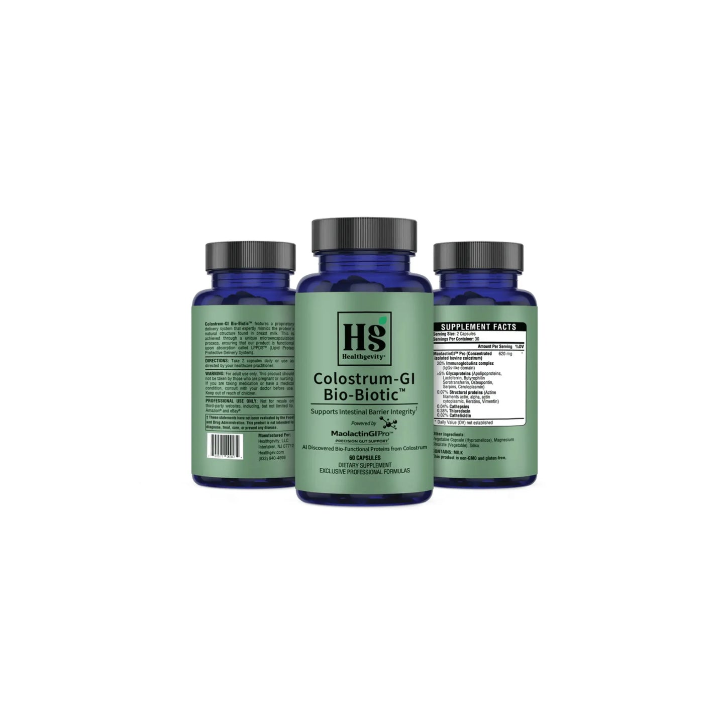 A group of Colostrum GI Bio Biotic bottles displayed together to showcase all sides of the labels including ingredients directions and product warnings