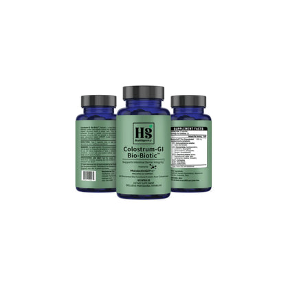 A group of Colostrum GI Bio Biotic bottles displayed together to showcase all sides of the labels including ingredients directions and product warnings
