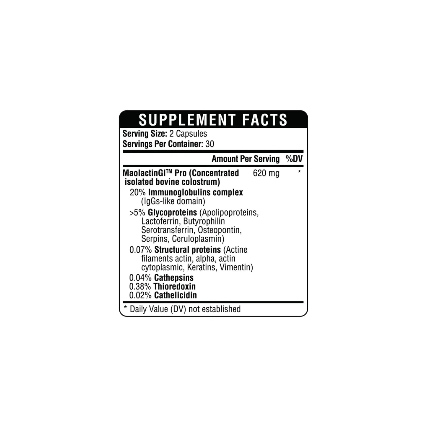 Close up of the Colostrum GI Bio Biotic supplement facts panel detailing the standardized immunoglobulins growth factors and nutritional components