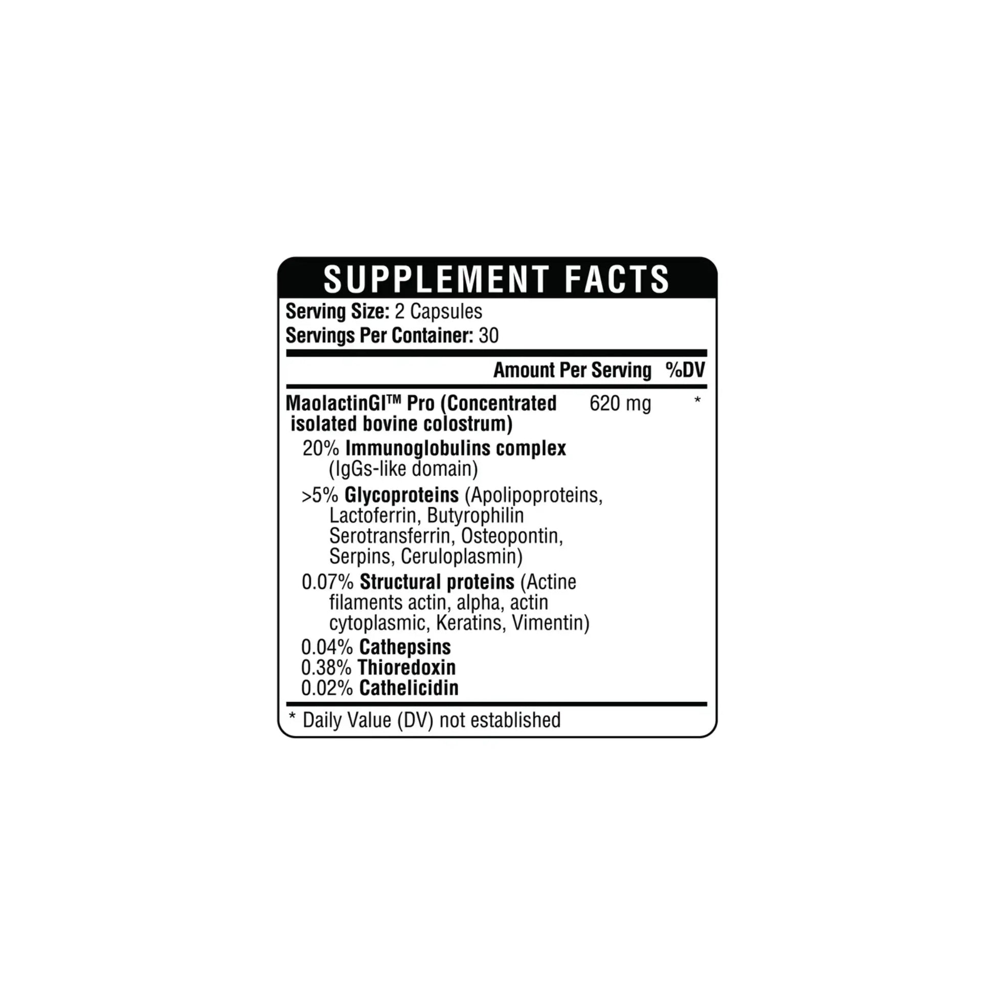 Close up of the Colostrum GI Bio Biotic supplement facts panel detailing the standardized immunoglobulins growth factors and nutritional components