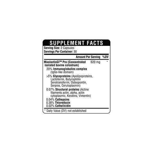 Close up of the Colostrum GI Bio Biotic supplement facts panel detailing the standardized immunoglobulins growth factors and nutritional components