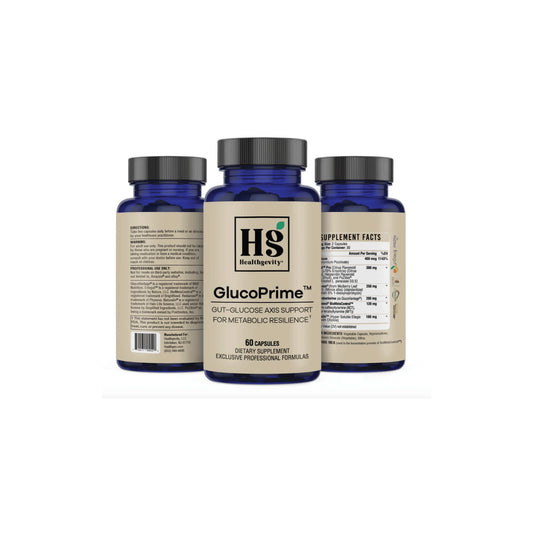 A professional lineup of Healthgevity GlucoPrime bottles highlighting the advanced metabolic support branding