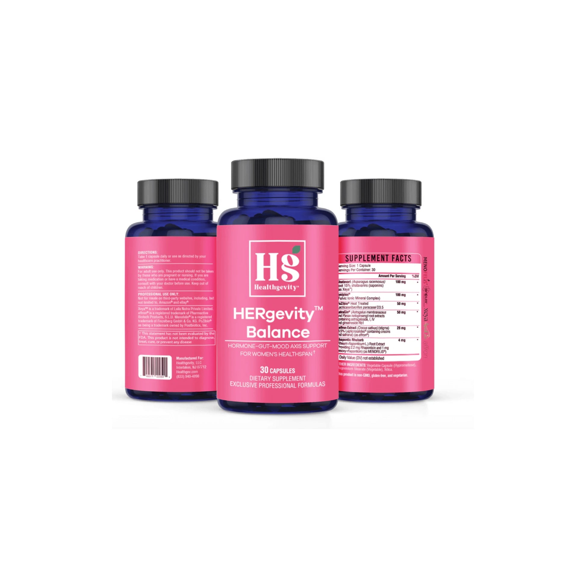 A collection of Healthgevity HERgevity Balance bottles showcasing premium women's health branding