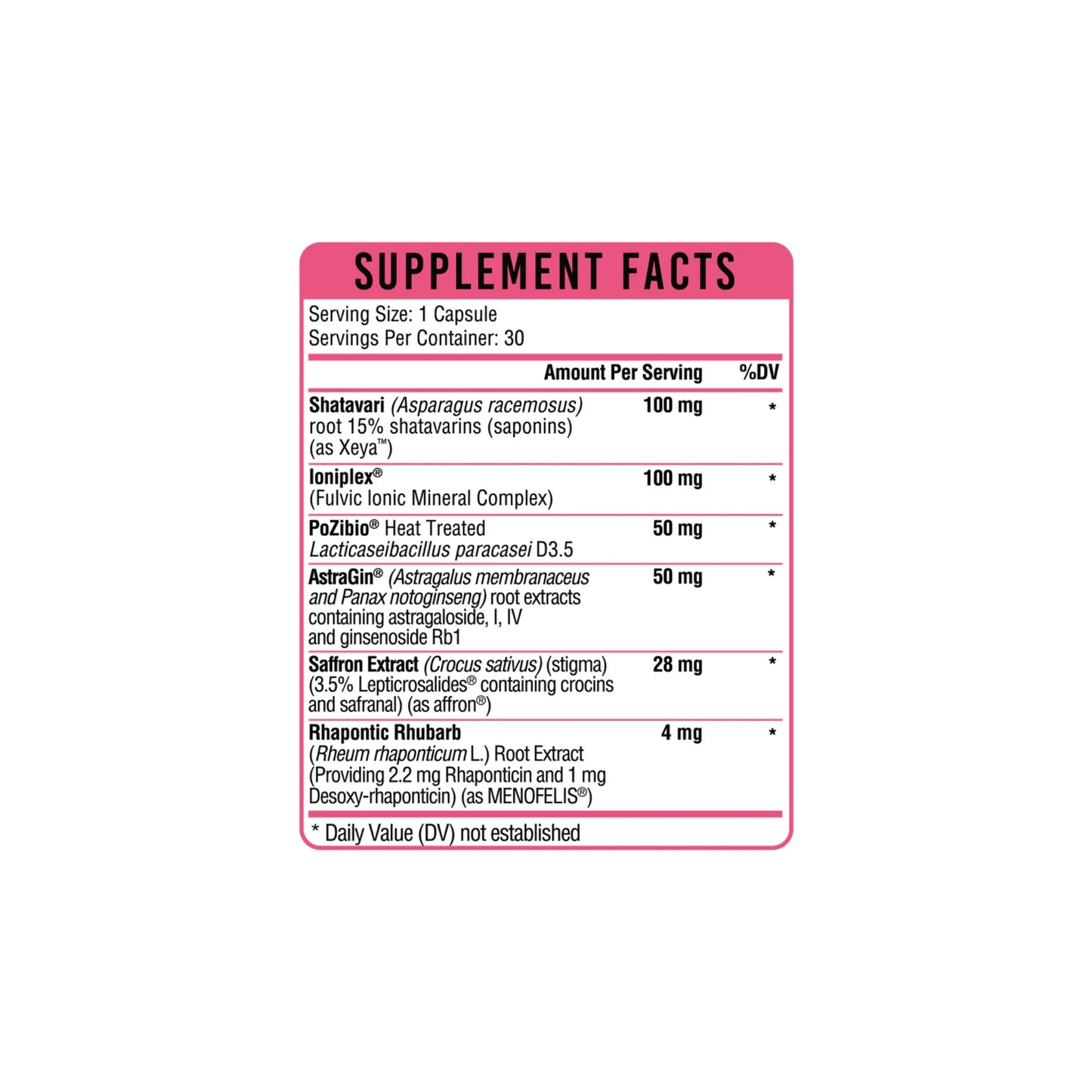 A high-resolution image of the supplement facts panel for HERgevity Balance detailing the dosages of saffron, shatavari, and rhubarb extract