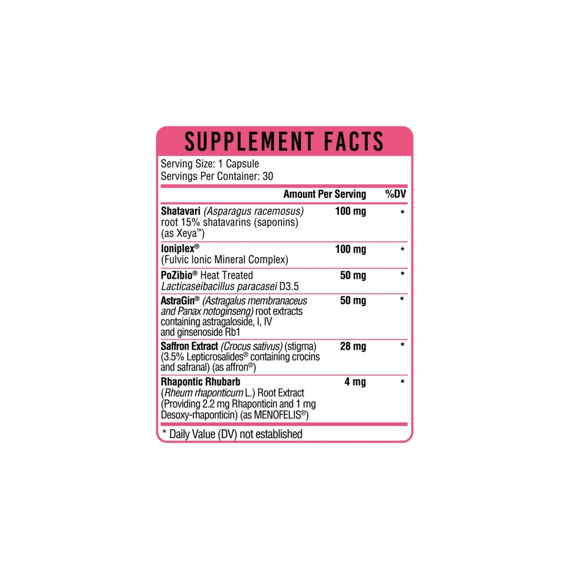 A high-resolution image of the supplement facts panel for HERgevity Balance detailing the dosages of saffron, shatavari, and rhubarb extract