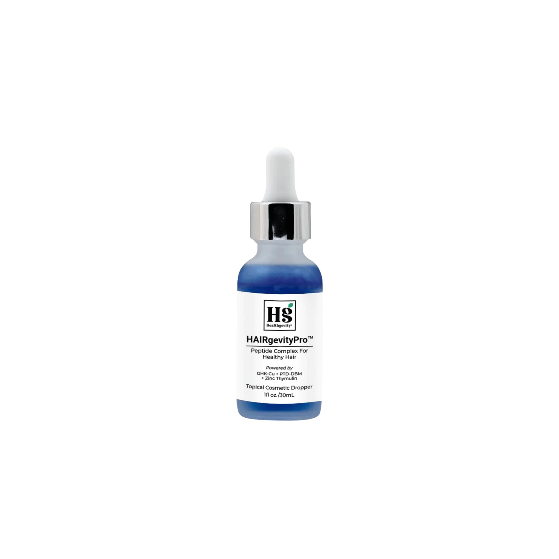 Hairgevity by Healthgevity topical serum front of bottle featuring HAIRgevityPro™ Peptide Complex