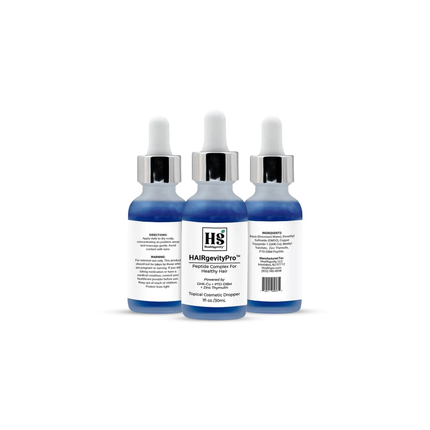 Front, back, and side views of Hairgevity by Healthgevity bottle highlighting HAIRgevityPro™ Peptide Complex and packaging design