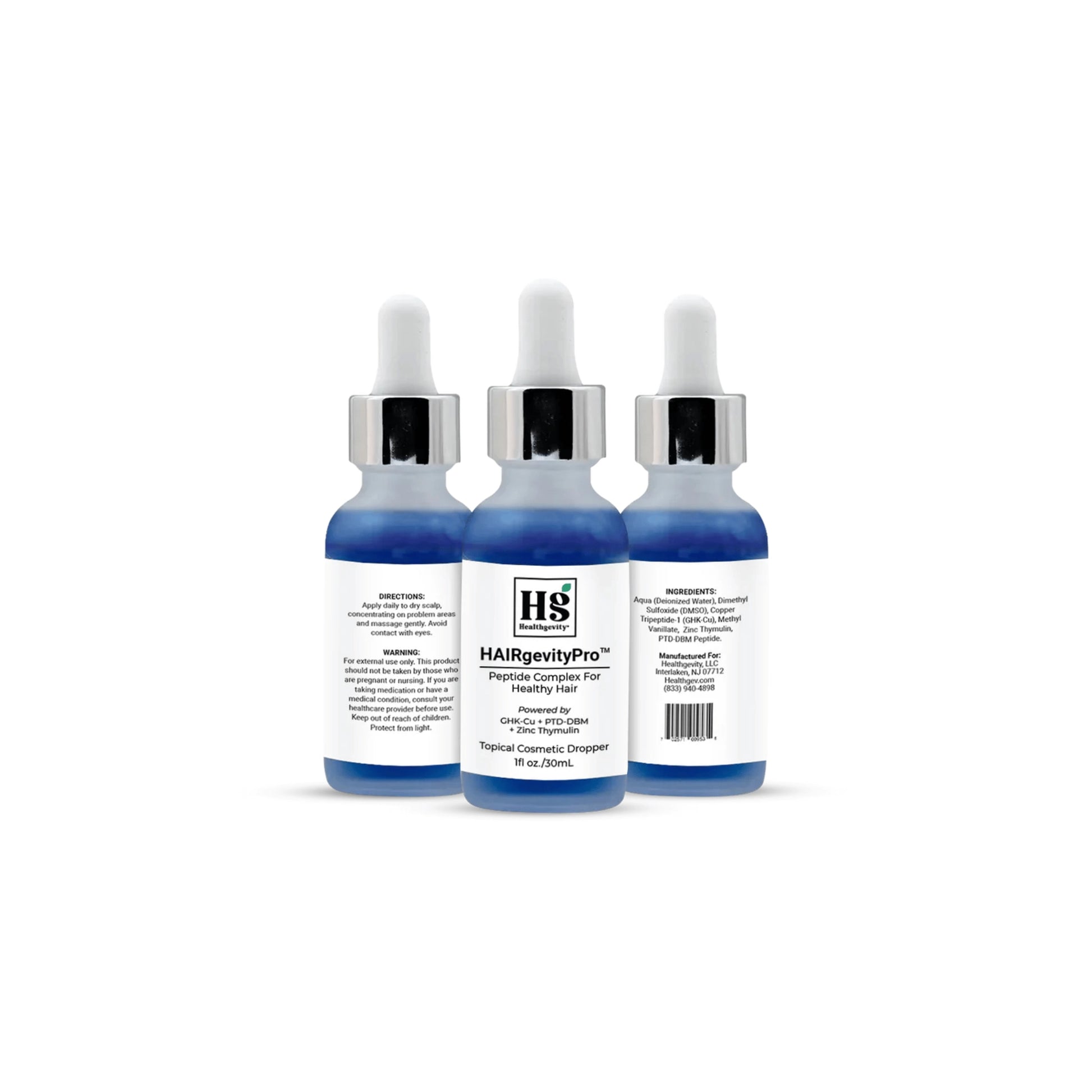 Front, back, and side views of Hairgevity by Healthgevity bottle highlighting HAIRgevityPro™ Peptide Complex and packaging design