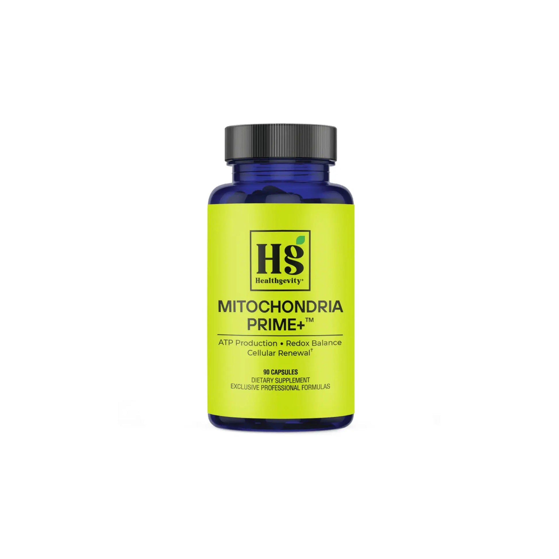 Front view of the Healthgevity Mitochondria Prime plus bottle highlighting the professional grade formula for cellular energy and mitochondrial support
