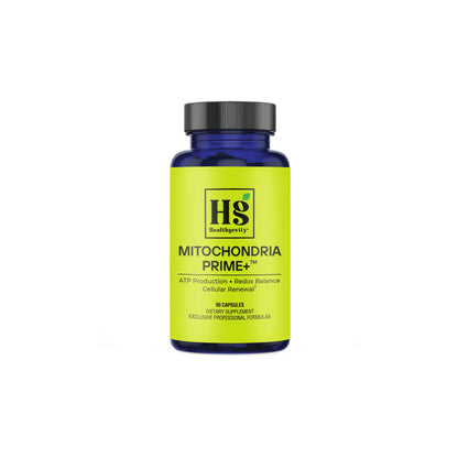 Front view of the Healthgevity Mitochondria Prime plus bottle highlighting the professional grade formula for cellular energy and mitochondrial support