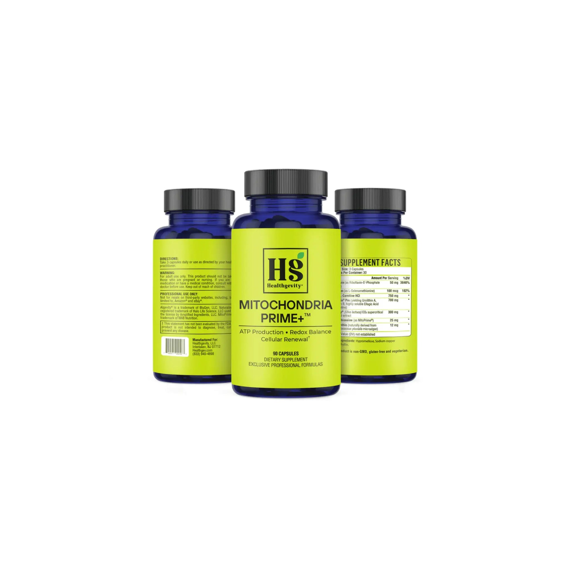 A group of Mitochondria Prime Plus bottles displayed together to showcase all sides of the labels including ingredients directions and product warnings