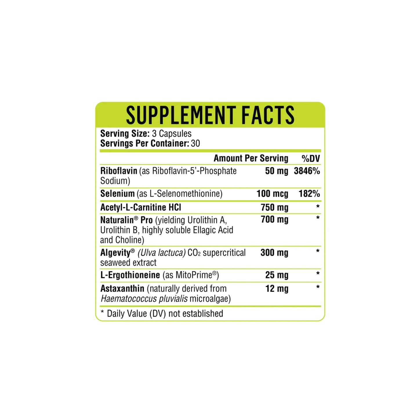 Close up of the Mitochondria Prime plus label detailing the advanced nutritional blend for cellular ATP production