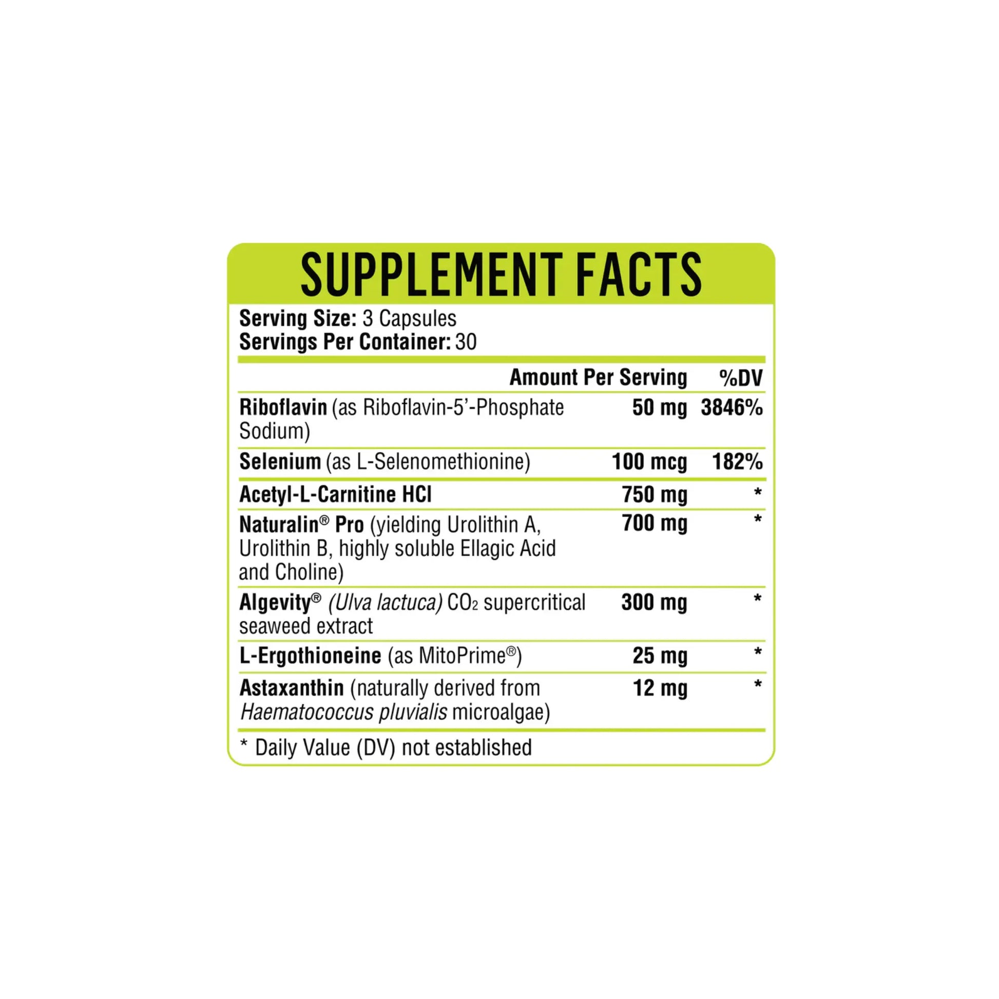 Close up of the Mitochondria Prime plus label detailing the advanced nutritional blend for cellular ATP production