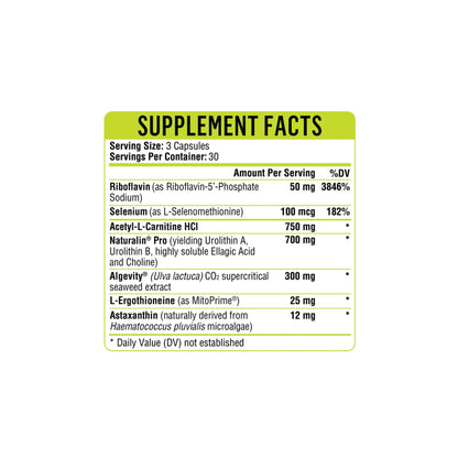Close up of the Mitochondria Prime plus label detailing the advanced nutritional blend for cellular ATP production