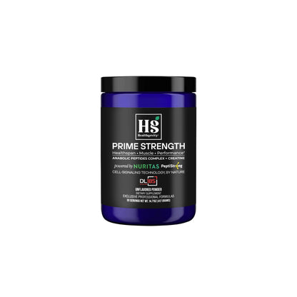 Close-up image showing front, back, and sides of Prime Strength 2.0 container