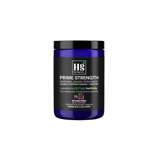 Close-up image showing front, back, and sides of Prime Strength 2.0 container