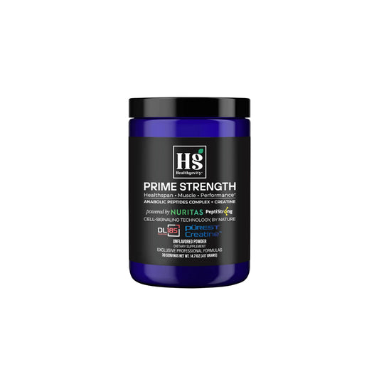 Front view of Prime Strength plus performance formula showing Dileucine and PeptiStrong ingredients