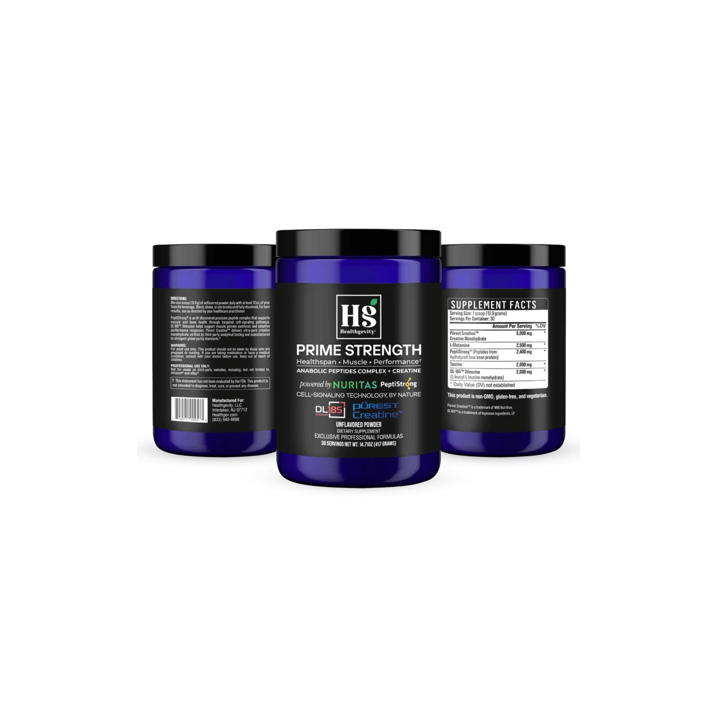 Group of Healthgevity Prime Strength supplement containers on a clean background