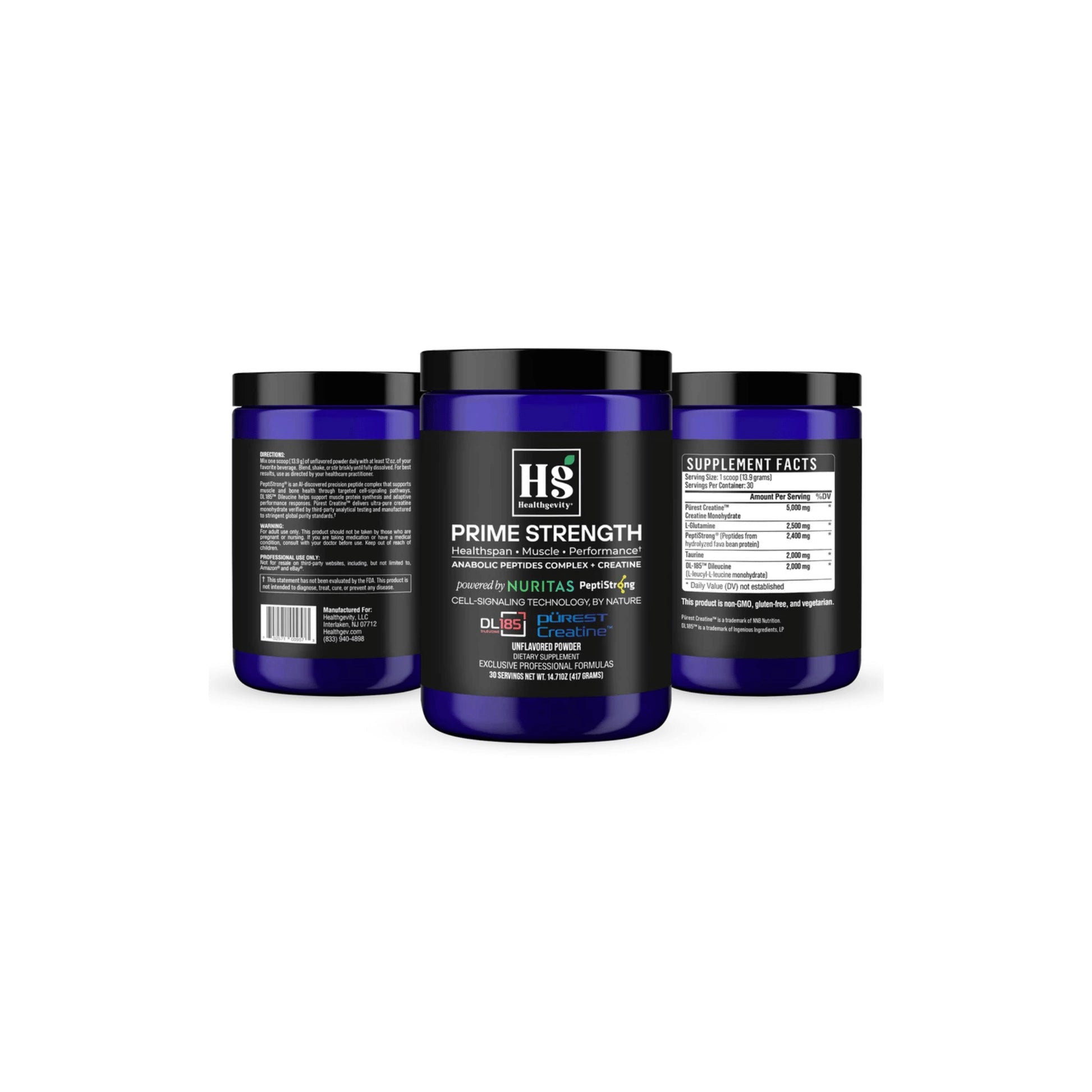 Group of Healthgevity Prime Strength supplement containers on a clean background