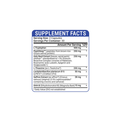 SLEEPgevity by Healthgevity 60-capsule supplement facts panel detailing ingredients for restorative sleep and relaxation support