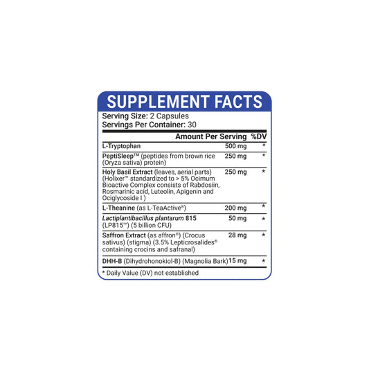 SLEEPgevity by Healthgevity 60-capsule supplement facts panel detailing ingredients for restorative sleep and relaxation support