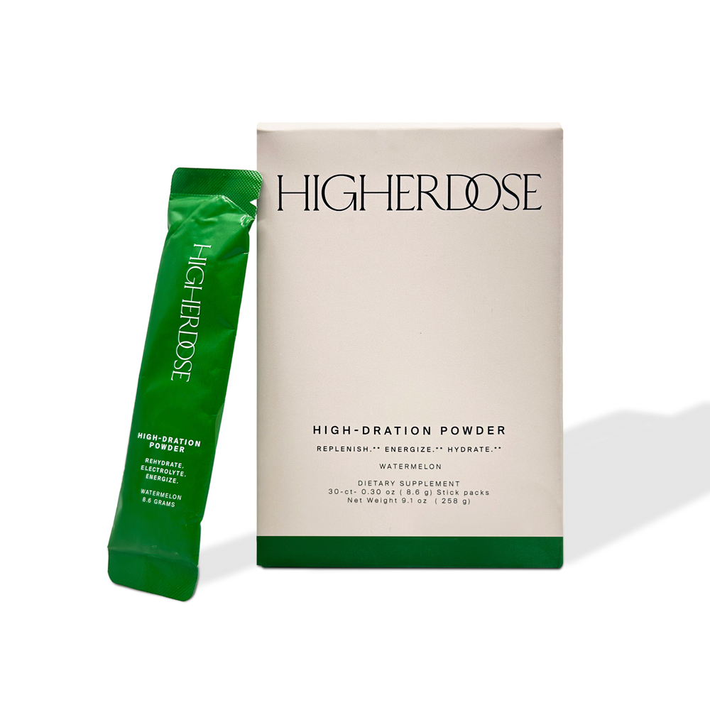 High-HerDose High-Dration Powder watermelon electrolyte hydration supplement stick pack and box