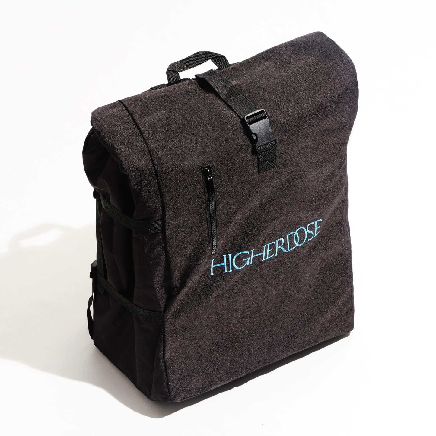Black eco-friendly sauna blanket bag made from recycled ocean plastics with adjustable straps and backpack design