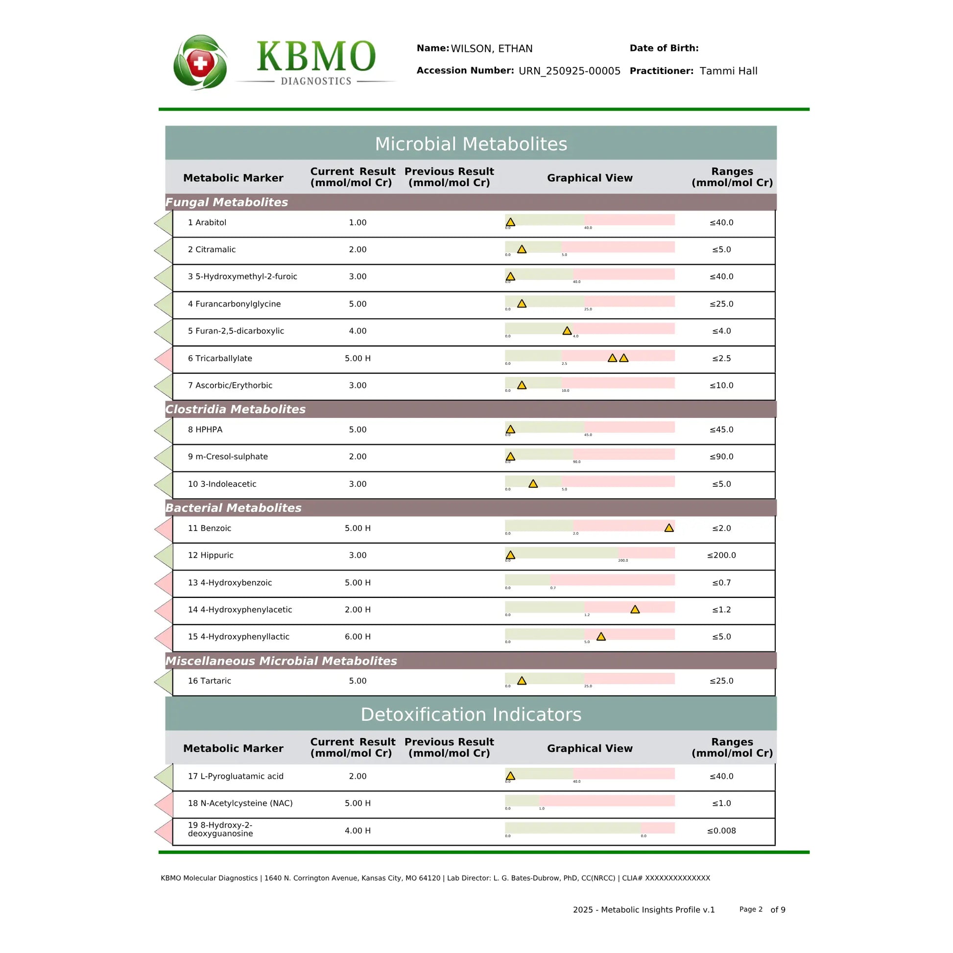 KBMO Diagnostics MIP Test example patient report showing the microbial inflammation protein levels across various bacterial markers to indicate gut barrier integrity and systemic immune response