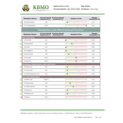 KBMO Diagnostics MIP Test example patient report showing the microbial inflammation protein levels across various bacterial markers to indicate gut barrier integrity and systemic immune response