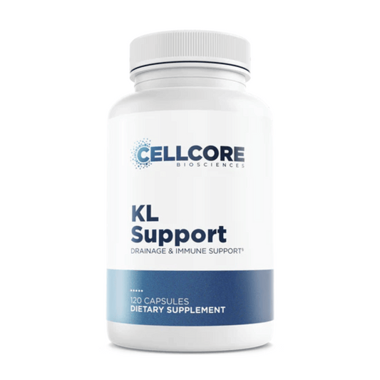 CellCore KL Support dietary supplement bottle for liver and kidney drainage and immune support with 120 capsules.
