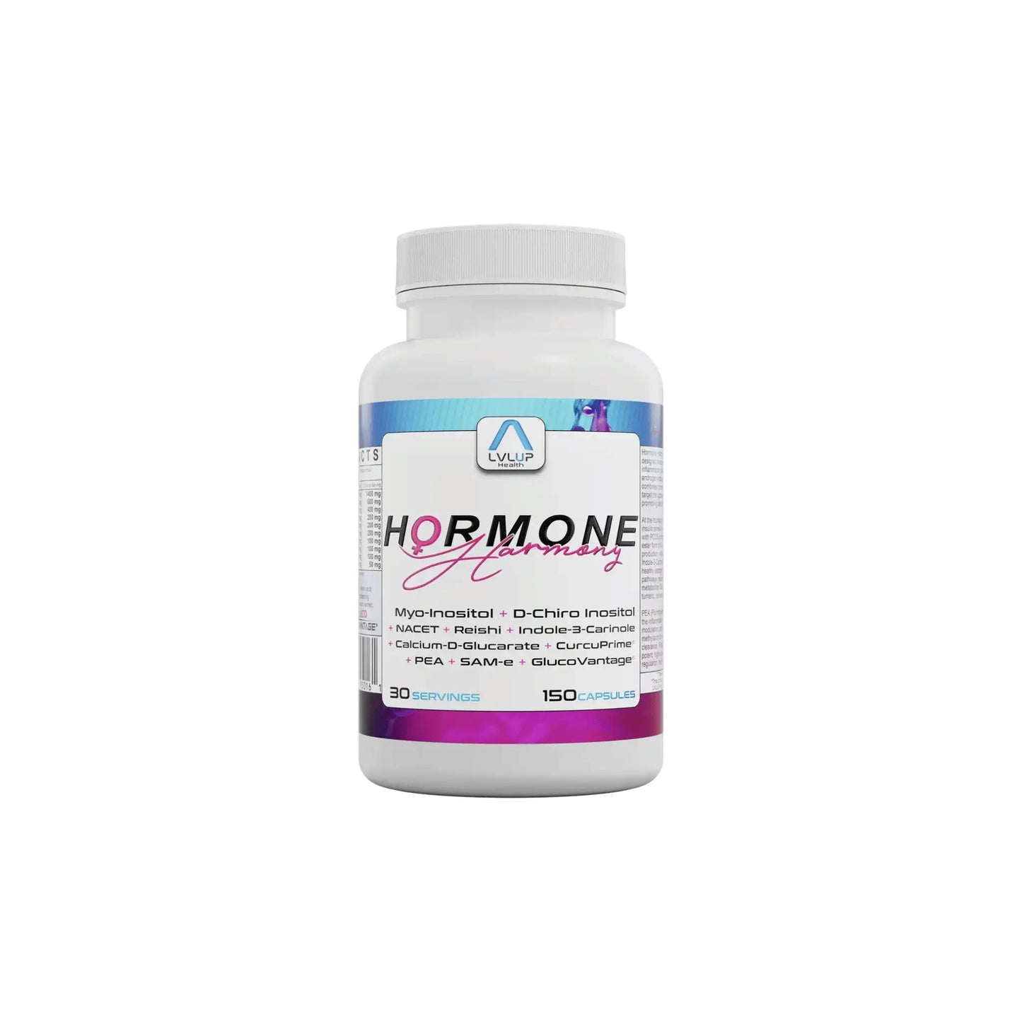 Front view of LVLUP Health Hormone Harmony bottle showing the comprehensive hormone support formula