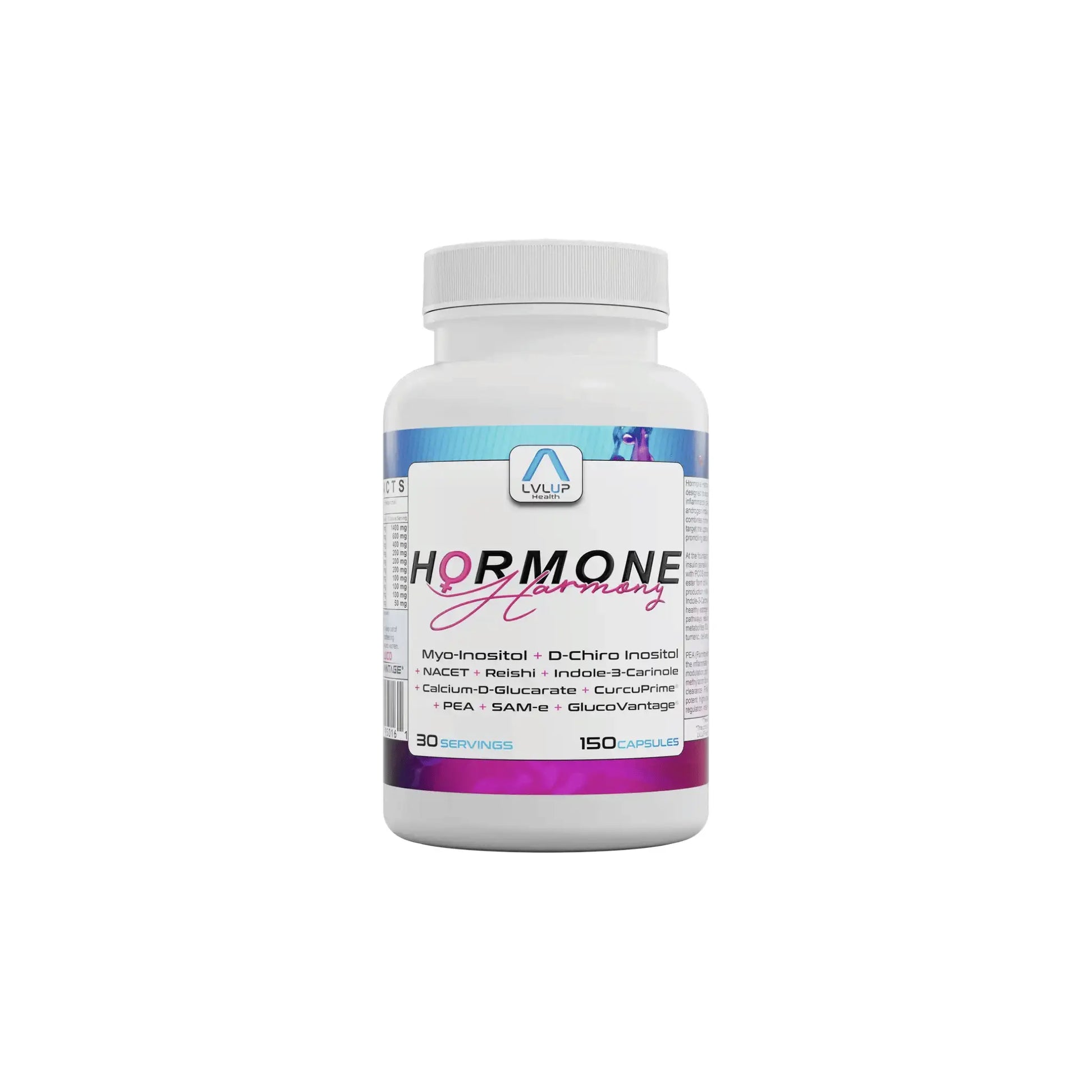 Front view of LVLUP Health Hormone Harmony bottle showing the comprehensive hormone support formula