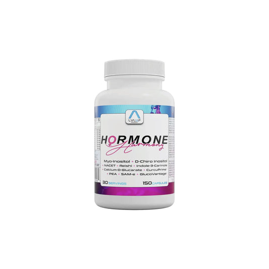 Front view of LVLUP Health Hormone Harmony bottle showing the comprehensive hormone support formula