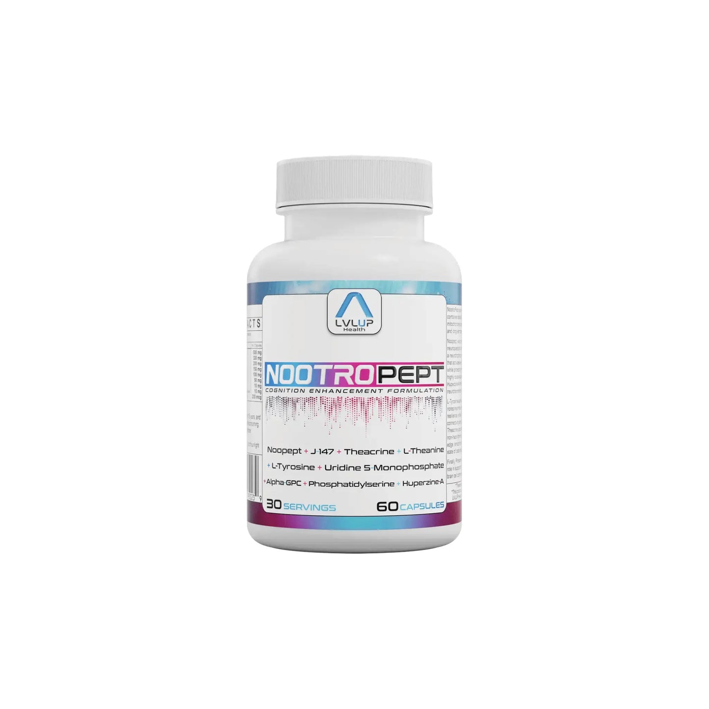 Front view of LVLUP Health NootroPept supplement bottle showing the advanced cognitive and focus formula