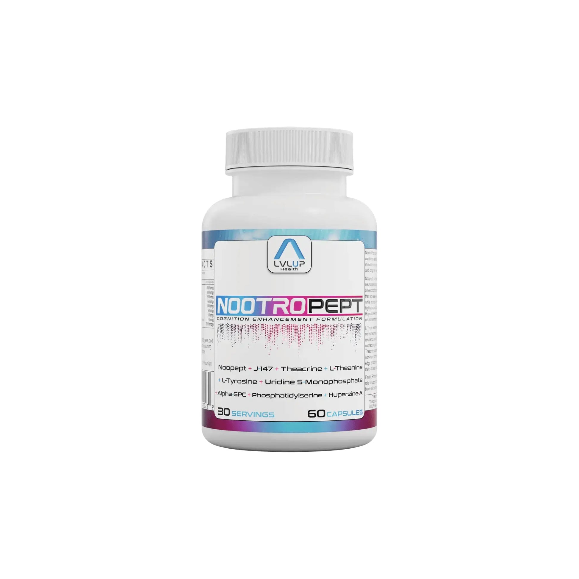 Front view of LVLUP Health NootroPept supplement bottle showing the advanced cognitive and focus formula