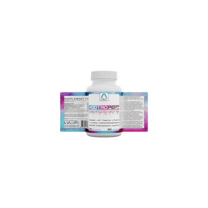 Wide view of LVLUP Health NootroPept bottle label detailing the synergistic blend of peptides and nootropic compounds
