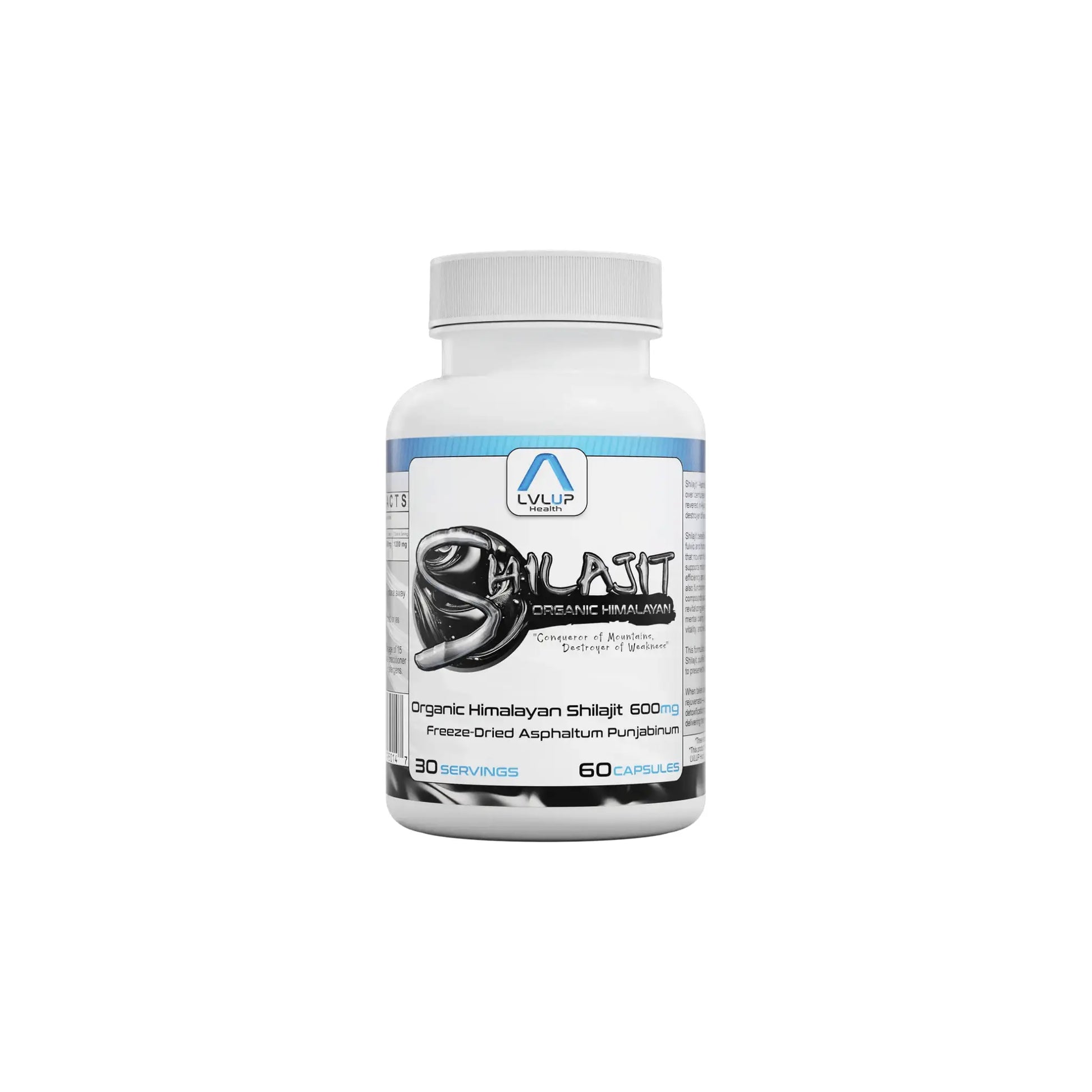 Front view of LVLUP Health Shilajit supplement bottle showing the high potency mineral resin formula