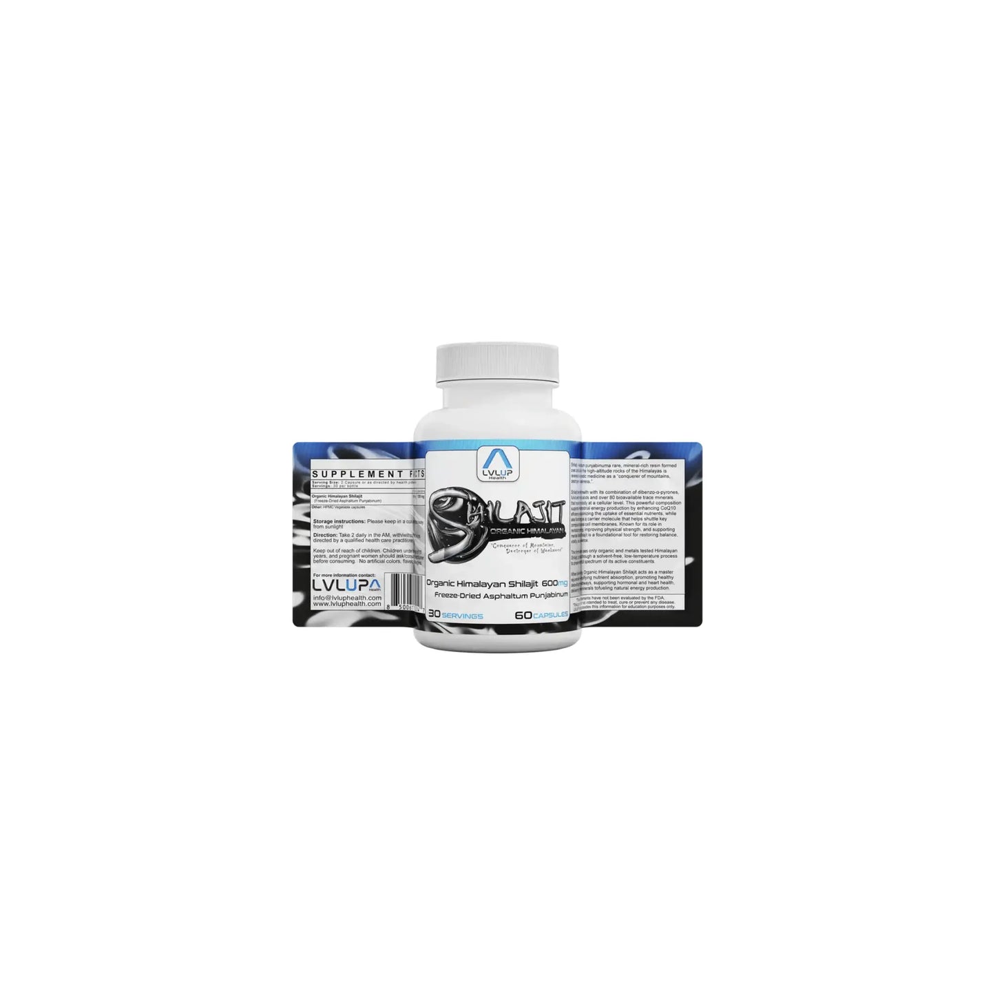 Wide view of LVLUP Health Shilajit bottle label detailing the trace mineral profile and fulvic acid content