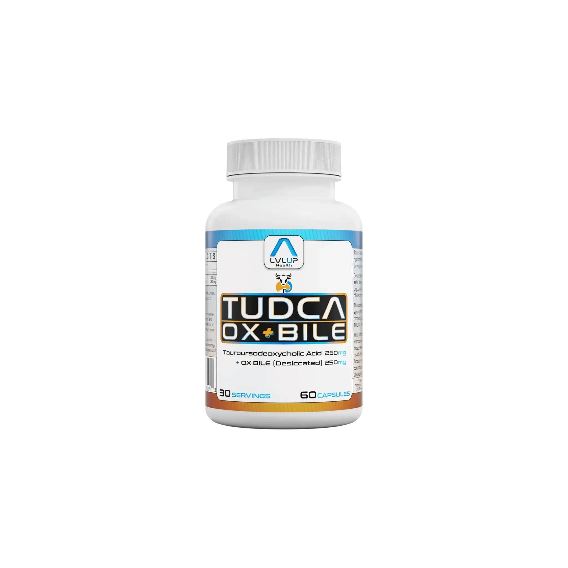 Front view of LVLUP Health TUDCA + Ox Bile supplement bottle showing the advanced liver and biliary support formula