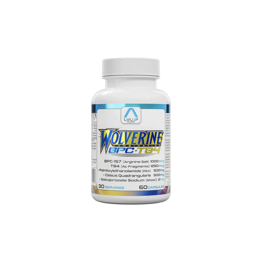 Front view of LVLUP Health Wolverine supplement bottle showing the advanced peptide recovery formula